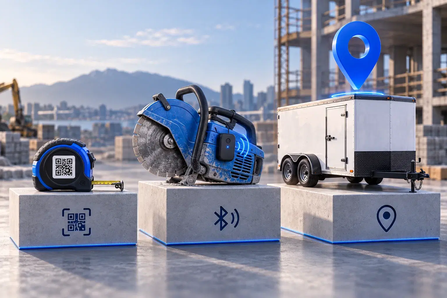 Un ruban à mesurer avec code QR, une scie avec traceur Bluetooth et une remorque sous un repère GPS