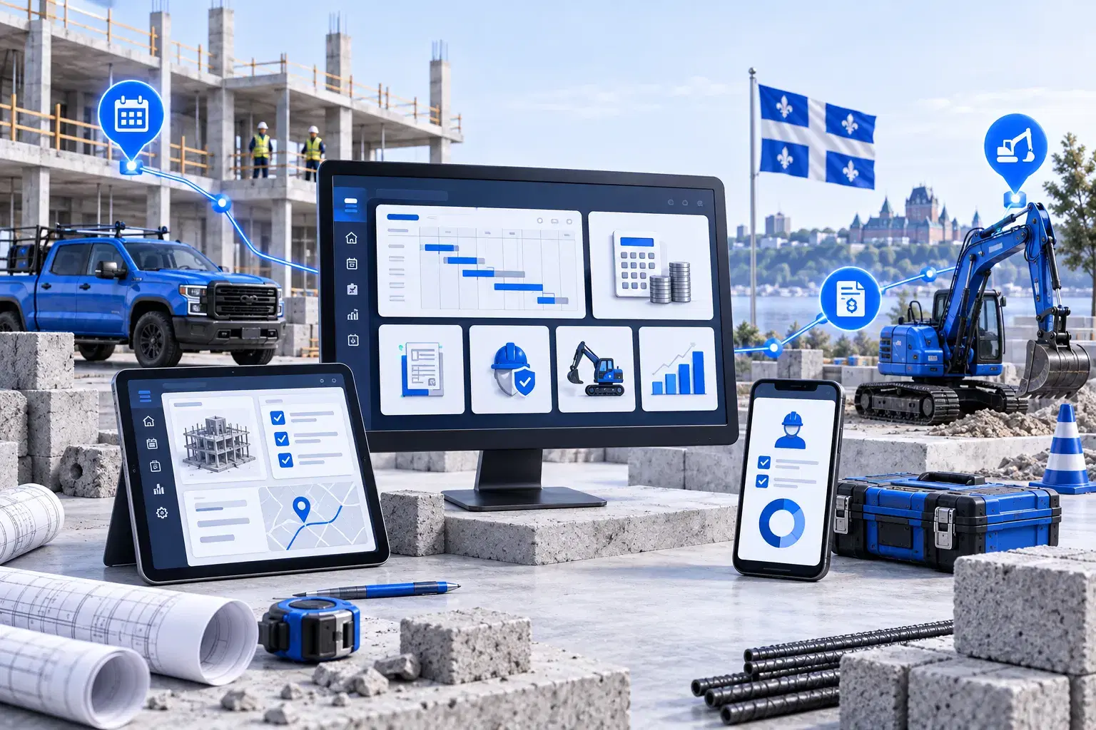 Logiciels de construction affichés sur un ordinateur, une tablette et un téléphone devant un chantier québécois